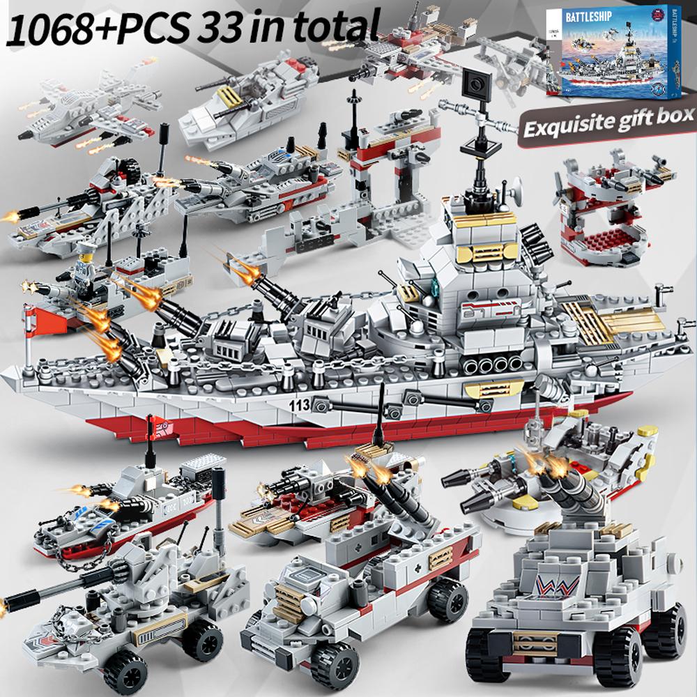Kit de construction de combinaison militaire 1068 pièces, ensemble de blocs de construction de navire de croisière tout-en-un avec cadeaux de navire de guerre pour jouets garçons enfants