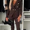 Women's Double Breasted Lapel Long Sleeve Blazer High Waist Slim Fit Pants 2 Piece Business Suit Set