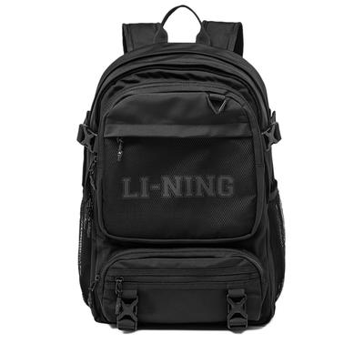 Li Ning Sports Lifestyle Series Casual Sports Large Logo Print Zipper Closure Polyester Sports Backpack Unisex Backpack Black ABST298-1