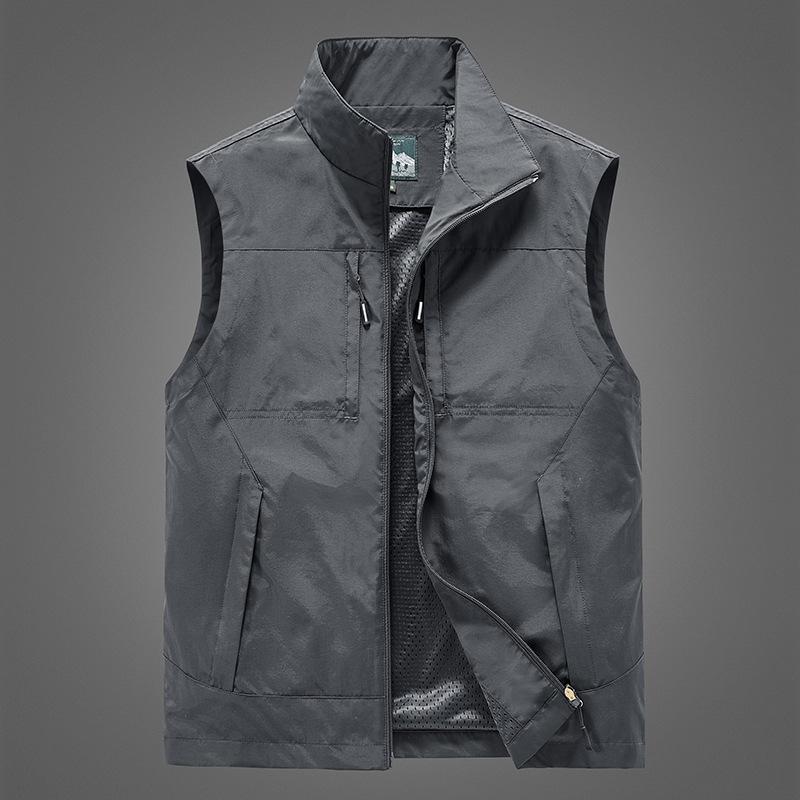 Four Seasons Men's Vest Thin Dad Sleeveless Stand-Up Collar Multi-Pocket Quick-Drying Vest Large Size Vest