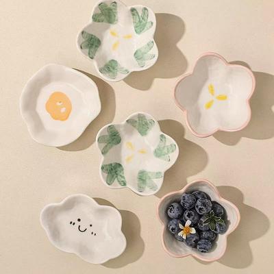 Niedliche pochiertes Ei Form Keramik Haushaltsgeschirr Kreativ Floral Print Snackteller Ins Serie Chinesischer Stil Dessert Kuchenschale