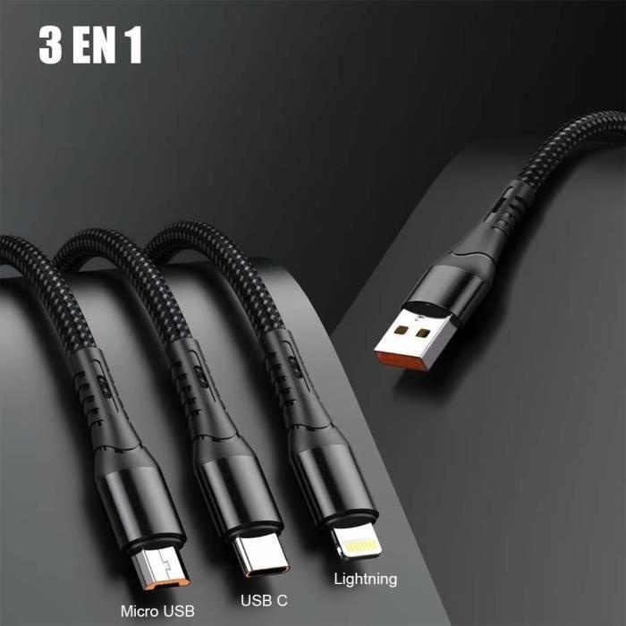3-in-1 Charging Cable for Samsung Galaxy A14 4G-5G, A34 A54 5G A53 A52 M13 M23 5G, USB-C Micro-USB Cable Black 1.2 Meter