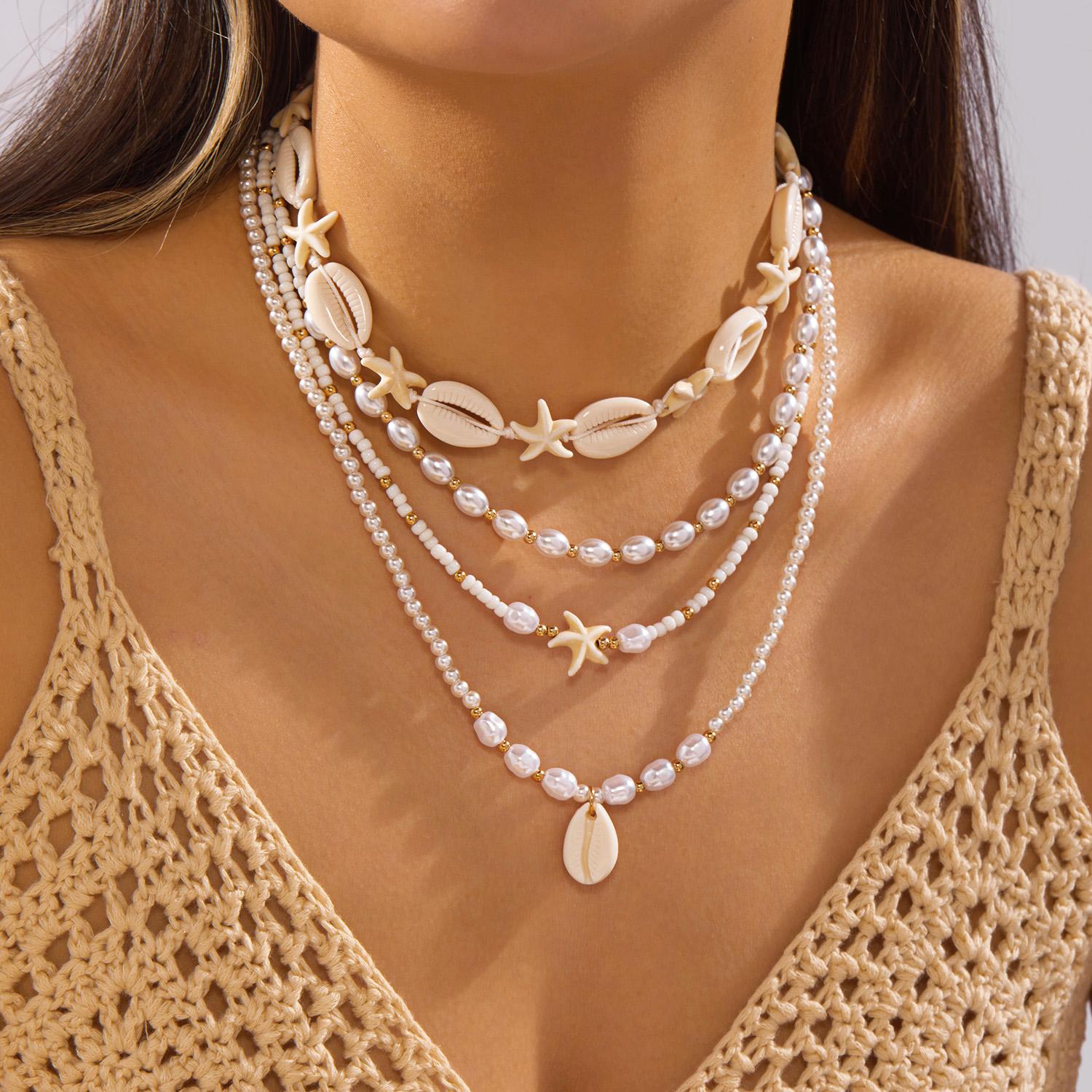 

Boho Shell Starfish Simulated Pearl Bead Necklace Set 4Pcs Summer Beach Choker For Women Vacation Jewelry
