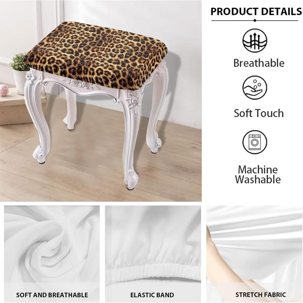 Leopard Chairs Covers Dustproof Vanity Stool Cover Rectangle Bar Stool Covers Non-Slip Elastic Footrest Stool Covers with Elastic Bands Bench Seat