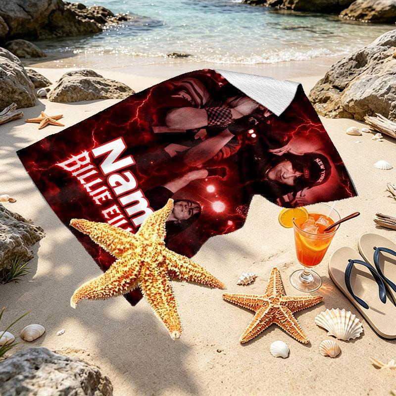 Custom Name Personalized Billie Eilish Print Beach Towel, for Trip Camping Beach Party Home Decor, Birthday Gift for Family & Friends