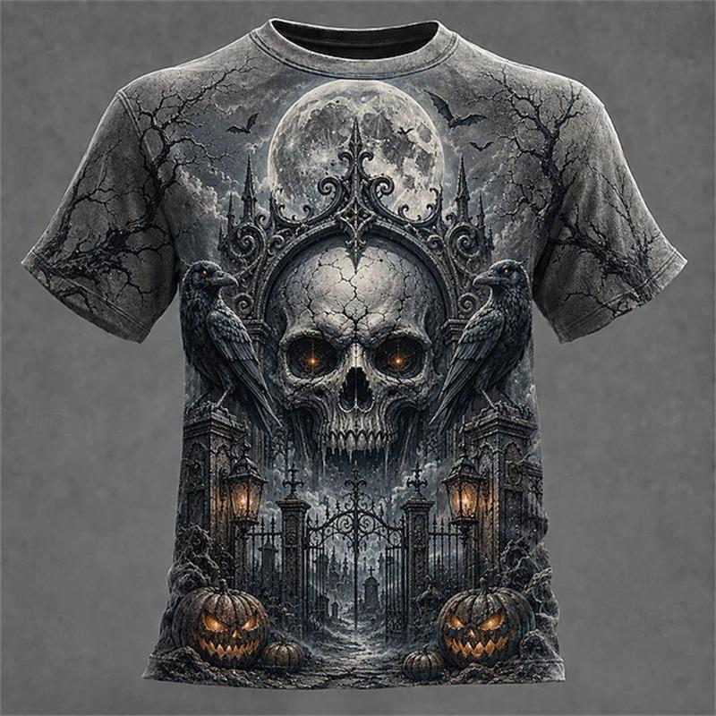 New Men's Crew-Neck T-Shirt Pumpkin Skeleton and Scarecrow Print Halloween Horror Casual Top Unisex Holiday Party Outfit