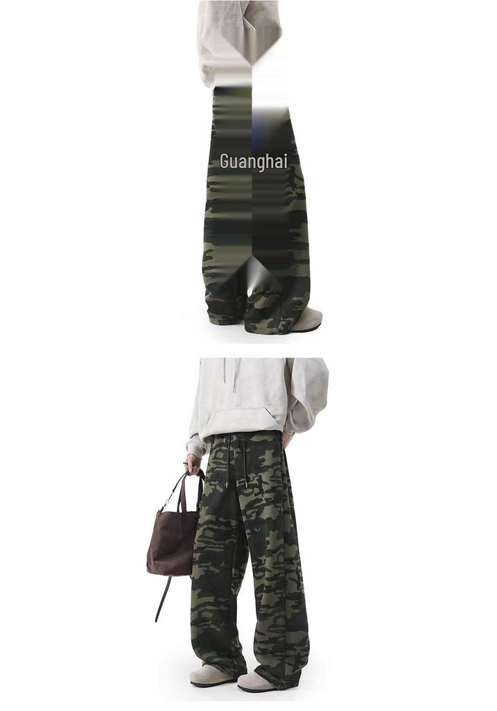 Unisex American Retro Camo Jogginghose: Hohe Taille, Gekrümmtes Bein, Herbsttrend