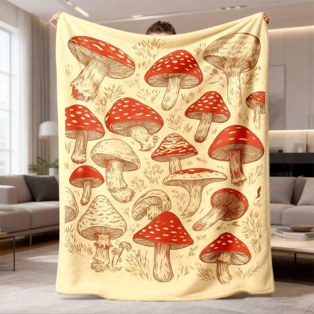 2026 New Arrival Flannel Blanket 1pc Extra Large Flannel Blanket Ultra-Soft Plush All-Season Thermal Throw with Brown Mushroom Des