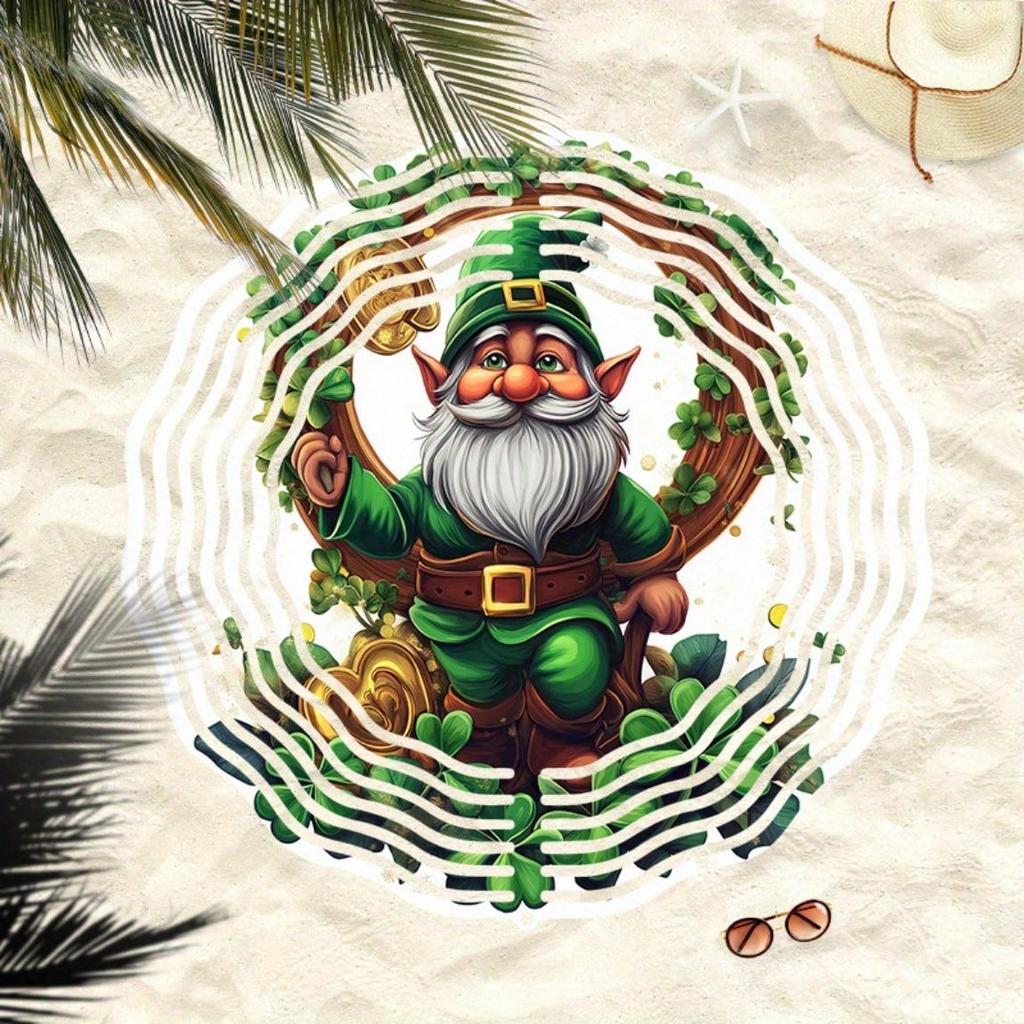 Lucky Gnome Wind Chime with Horseshoe and Clover 2D Rotating Design for Outdoor Garden Yard Decor Universal Holiday Ornament with 360 Degree Hook