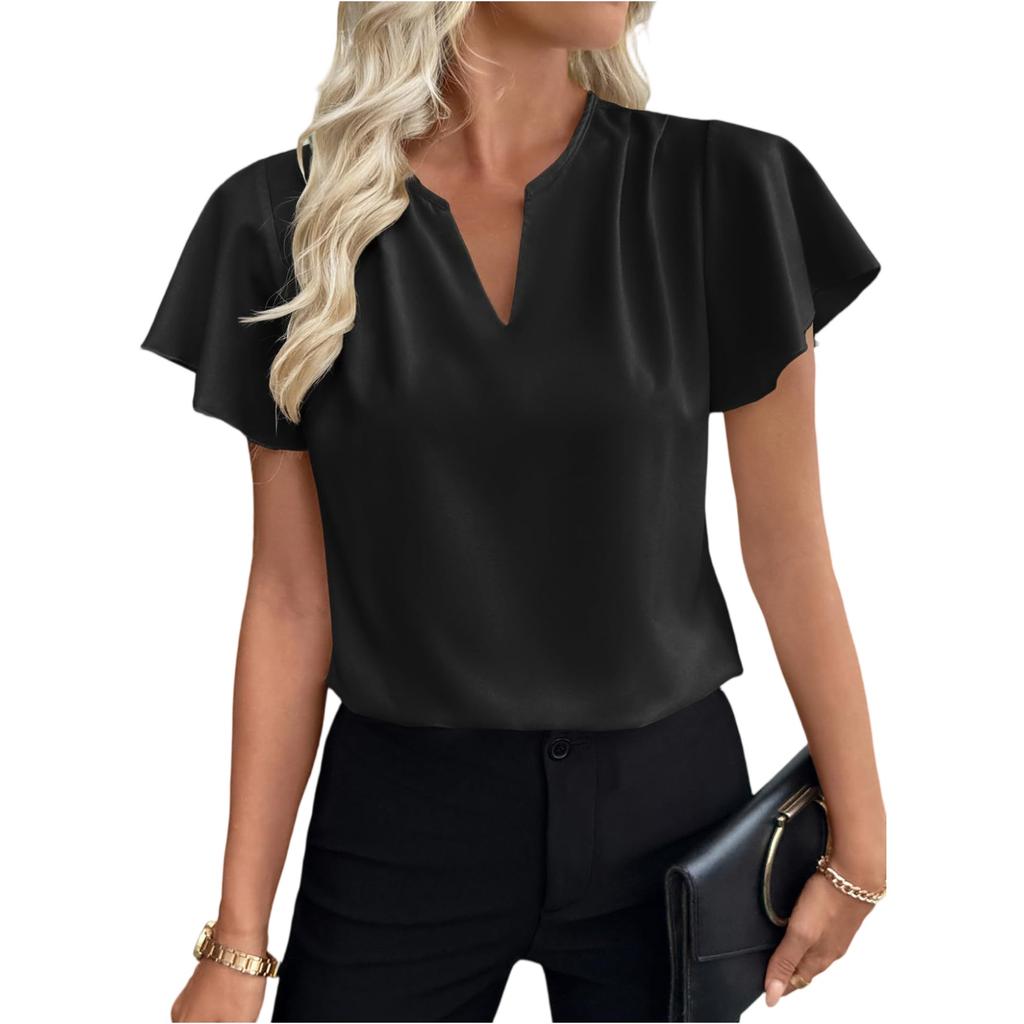Fashionable Women's Ruffle Sleeves, Fashionable And Elegant V-neck Pleated Color Short Sleeved Shirt