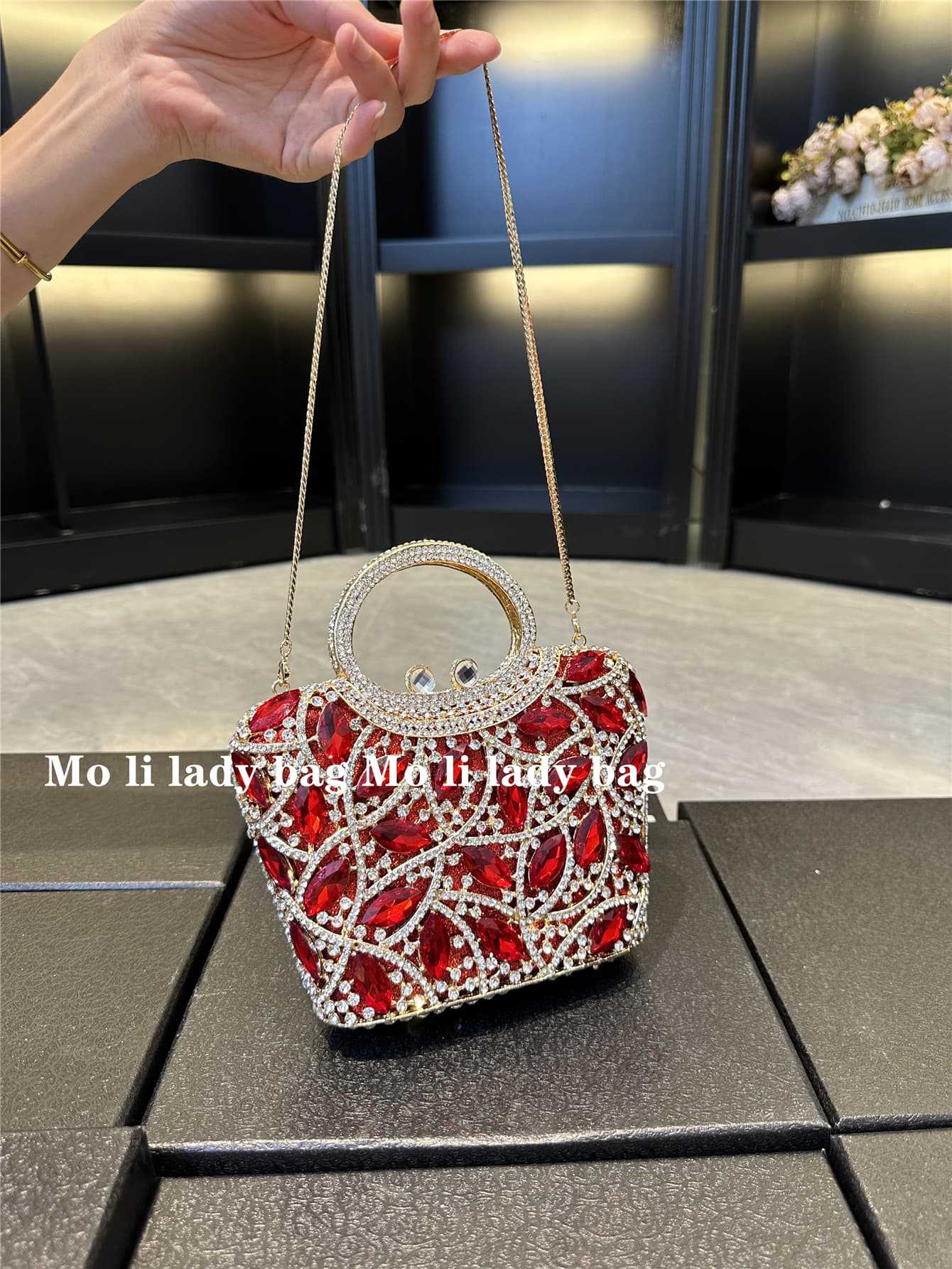 

High-end party burgundy dress bag light luxury diamond-encrusted gold dinner bag women s exquisite messenger handbag