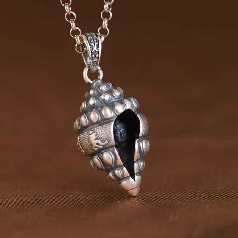 Retro Wenge Pendant: Auspicious Eight Treasures Conch with Six-Character Mantra. Buddha Ethnic Style Ornament for Men and Women.