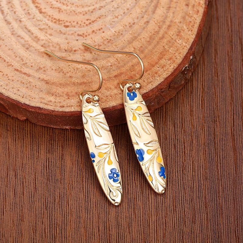Hand-painted Floral Ceramic Drop Earrings, Bohemian Style Long Oval Earrings for Women, Vintage Blue & White Flower Jewelry Gift
