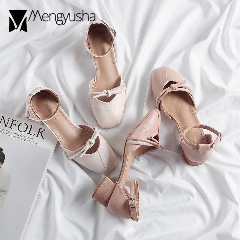 Fashion Fairy Bowknot cover heels square toe women sandals wood thick med heels shoes women closed toe sandalias large size 34-43