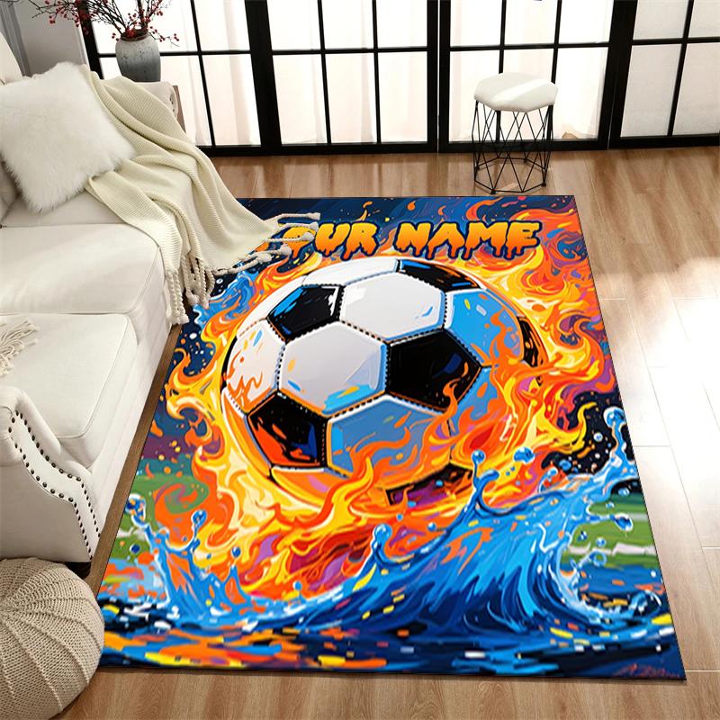 1PC Custom Name Soccer Ball Fire Theme Floor Mat Ideal for Living Room, Game Rooms, Office, Bedroom, Office Floor Mat , Floor Mats for Home