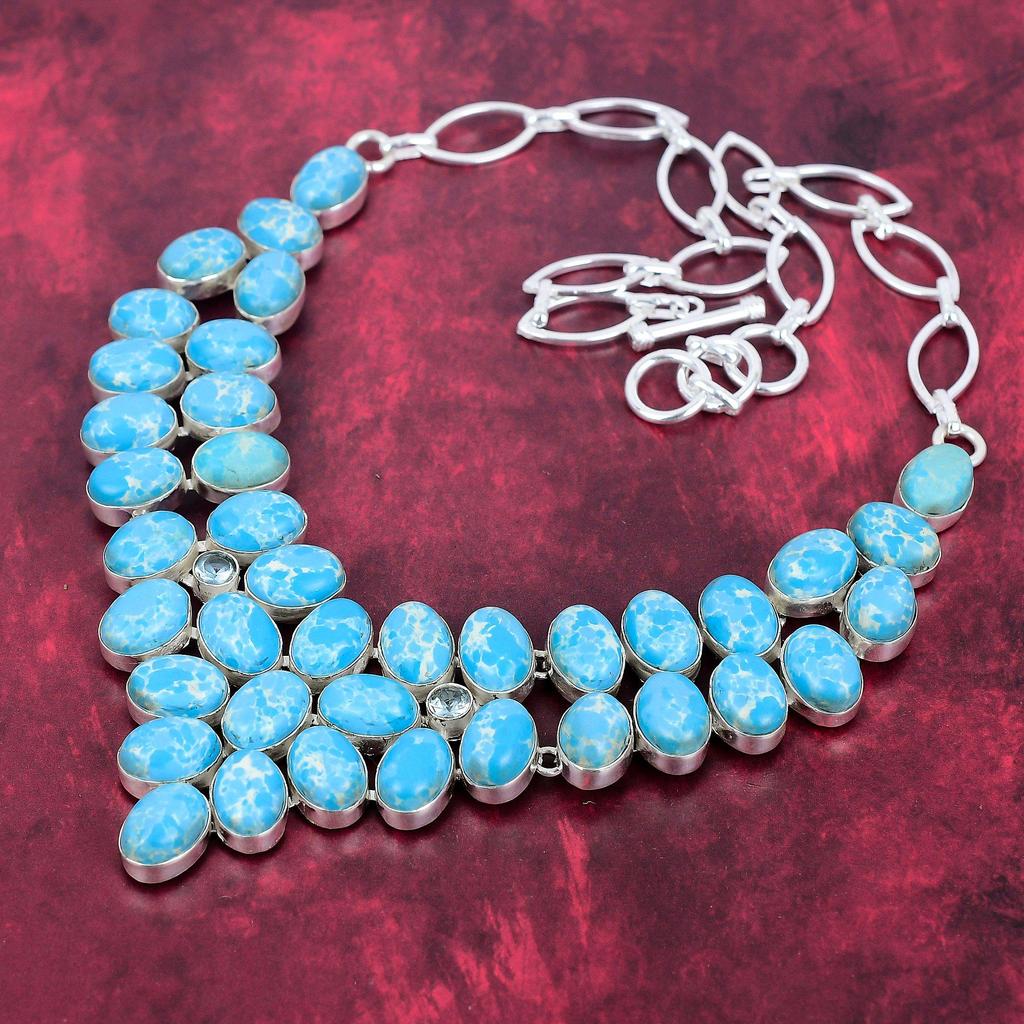 Larimar 925 Solid Sterling Silver Necklace with Adjustable Chain, Handmade Gemstone Jewelry Necklace For Memorial Day