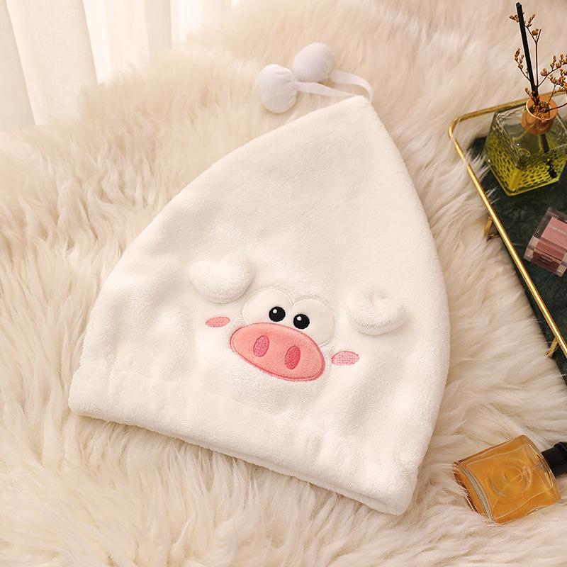 Cartoon Little Pig Qiao, Coral Velvet Princess Hat, Facial Embroidery Shower Cap, Water-absorbing Thickened Hair Cap for Girls