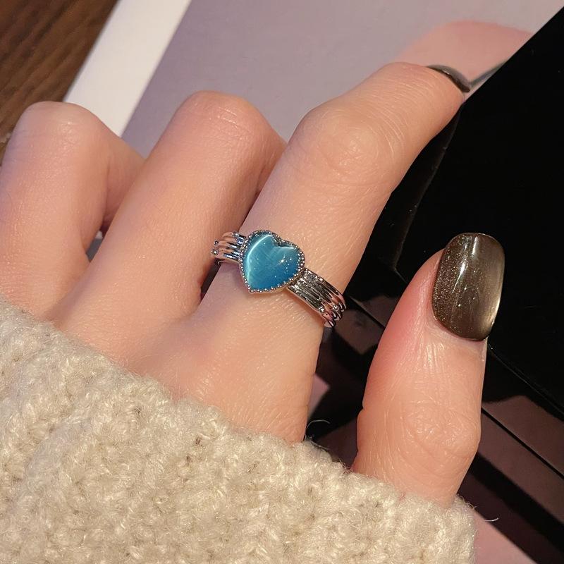 Sea Blue Fashion Dripping Oil Niche High-End Open Ring Zircon Light Luxury Love Accessories Women