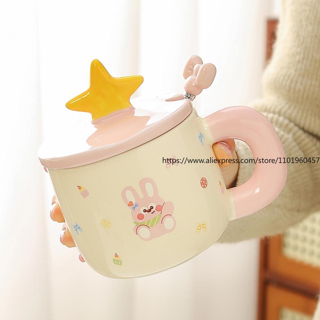 Cute Puppy Ceramic Mug with Lid Spoon, High Appearance Water Cup, Home Breakfast Cup, Girl's Souvenir