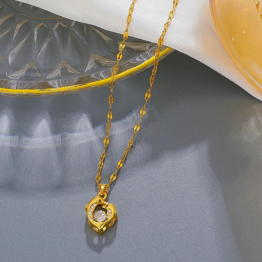 Dolphin Couple Pendant Necklace with Sparkling Stone Center Gold Tone Delicate Chain for Women