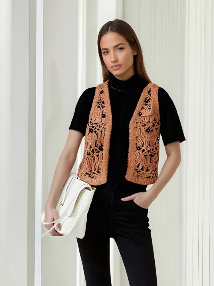 

Вязаный ажурный жилет с отделкой пайетками – Современный европейский и американский стиль Large коричневый