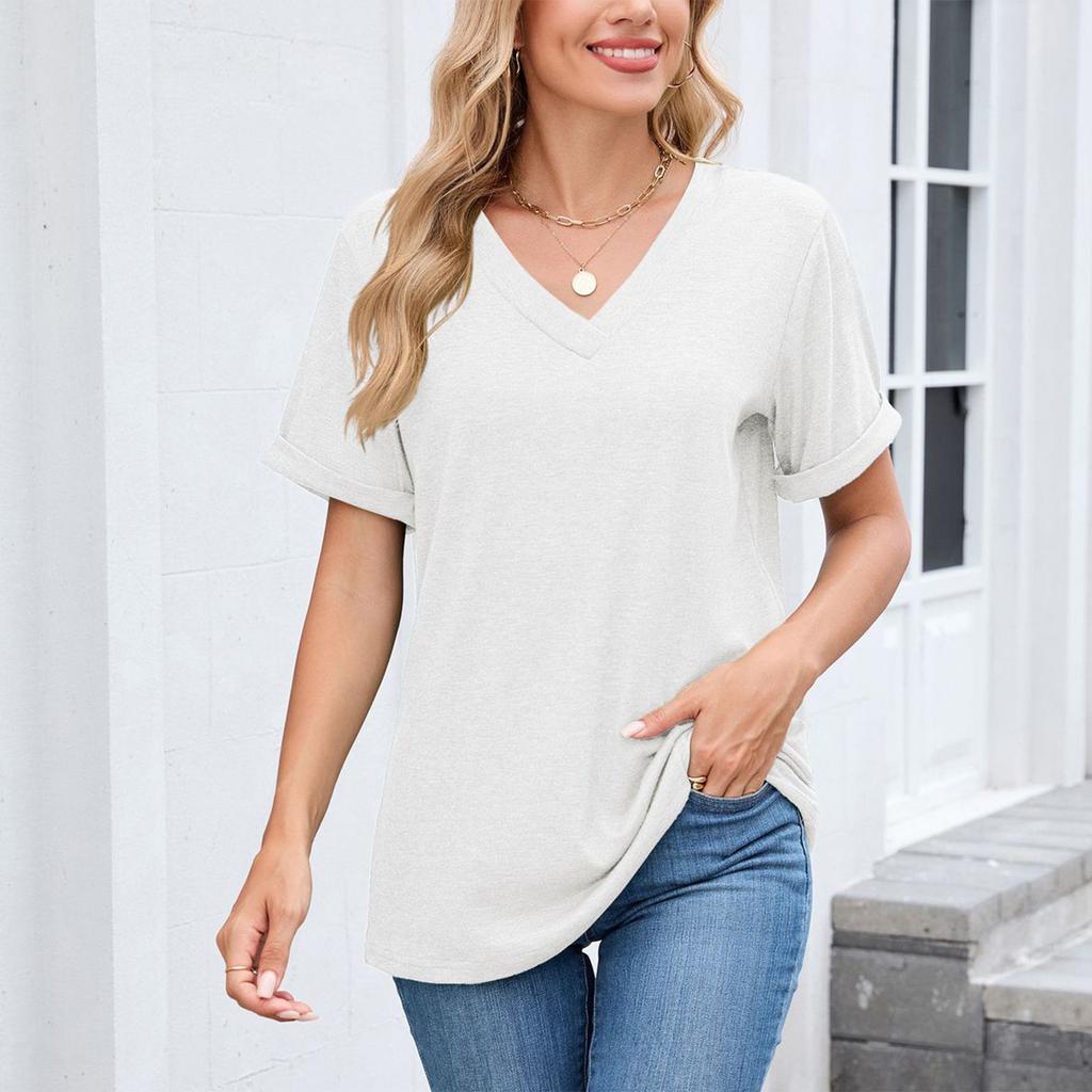 Women's Fashion Color V-neck Short Sleeved Loose Fitting Pullover T-shirt Top