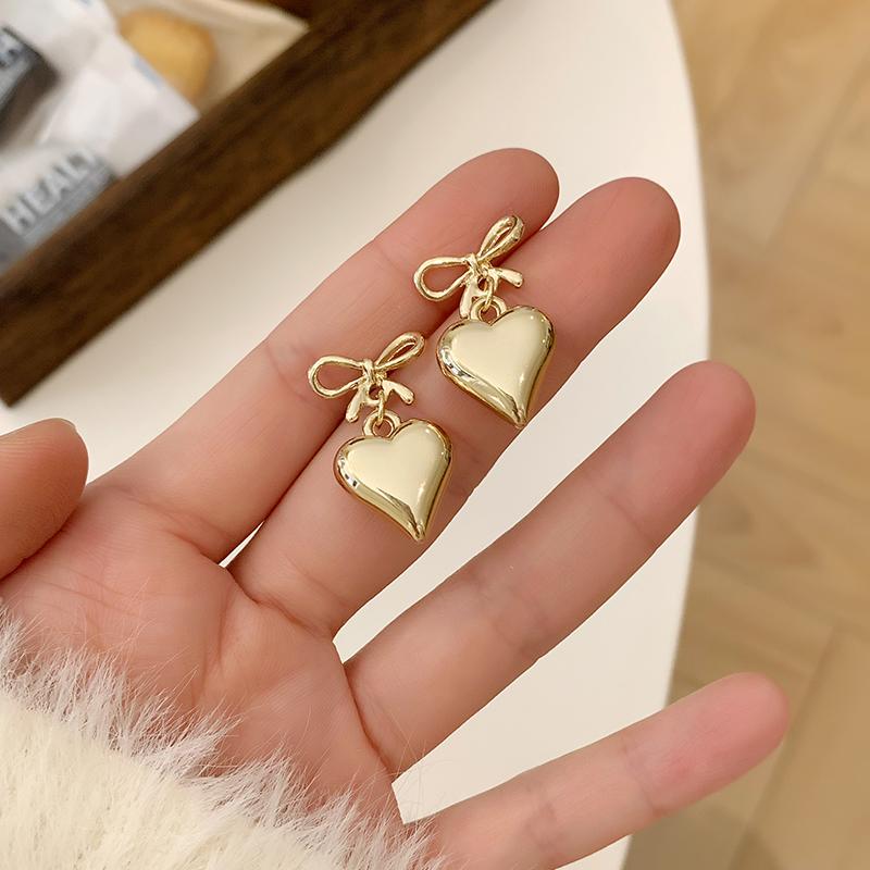 Gold Smooth Bow Heart Clip On Earrings Non Pierced Minimalist Wedding Bridal Jewelry For Women