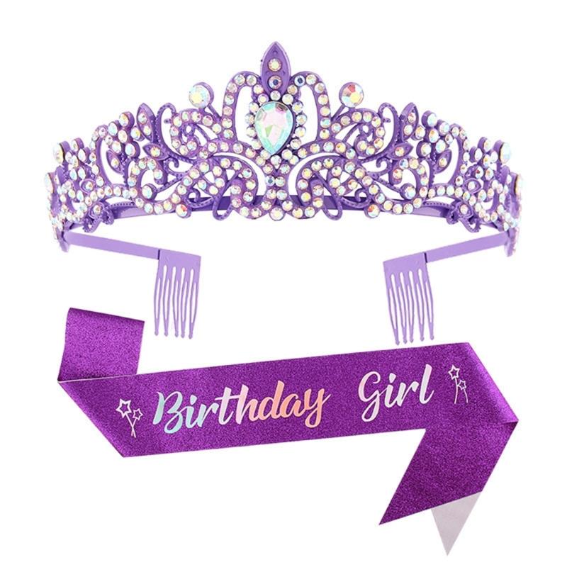 Fashionable 2pcs Rhinestones Tiaras Headband and Sash Hairpiece Hair Accesories for Women’s Birthday Party Accessories