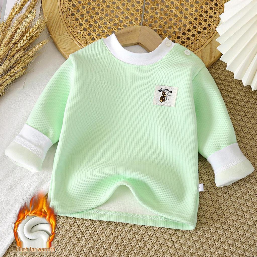 Kids' Velvet-Lined Round Neck Warm Top for Autumn & Winter