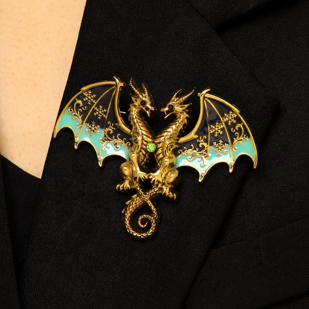Gothic Fantasy Colorful Enamel Wings Lapel Pin Twin Winged Dragon Brooches for Women Men Game Cosplay Suit Coat Decor Jewelry
