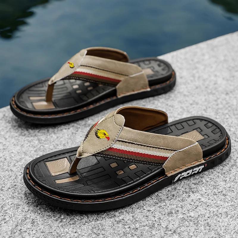 New Men Shoes Genuine Leather Slippers Street Trend Flip-flops Outdoor Cool Beach Shoes