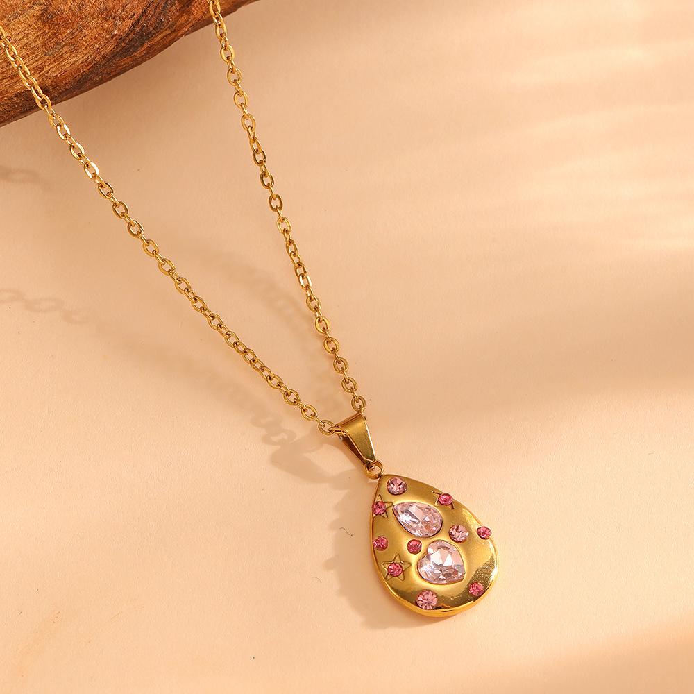 New Fashion 18K Gold PVD Stainless Steel Chain with Heart and Water Drop Pendant Full of Zircon Necklace Women Gift