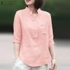 ZANZEA Dame Casual V-hals Ensfarget Løs 3/4 Ermet Bluse