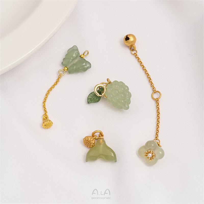 Natural Xiu Jade Carved Fish Tail Cat Head Pendant Bead Charm