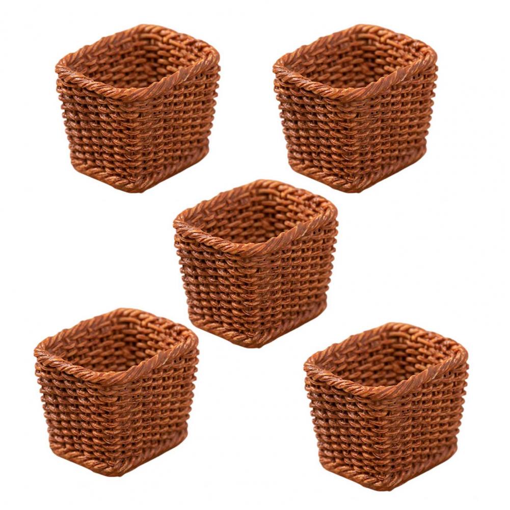 Miniature Decorative Basket Resin Mini Basket 5 Pcs Fairy Garden Micro Mini Resin Rattan Baskets Dollhouse Woven Basket Decor
