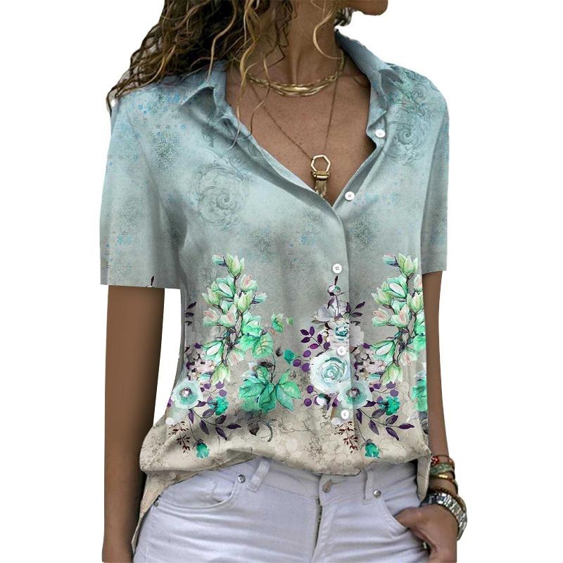 Elegant Printed Short Sleeve Single Breasted Plus Size Blouse Women Fashion Slim Fit Loose Women's Casual Shirts Vintage Floral Simple Lady Tops 26618