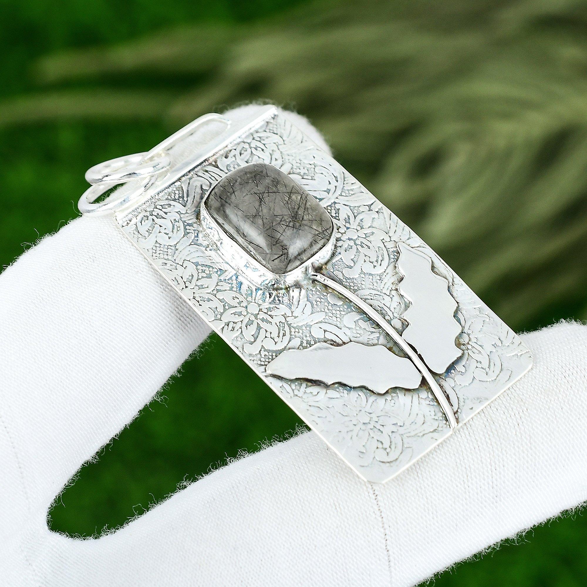 

Friendship Day Deal Sterling Silver Natural Black Rutile Wife Artisan Pendant