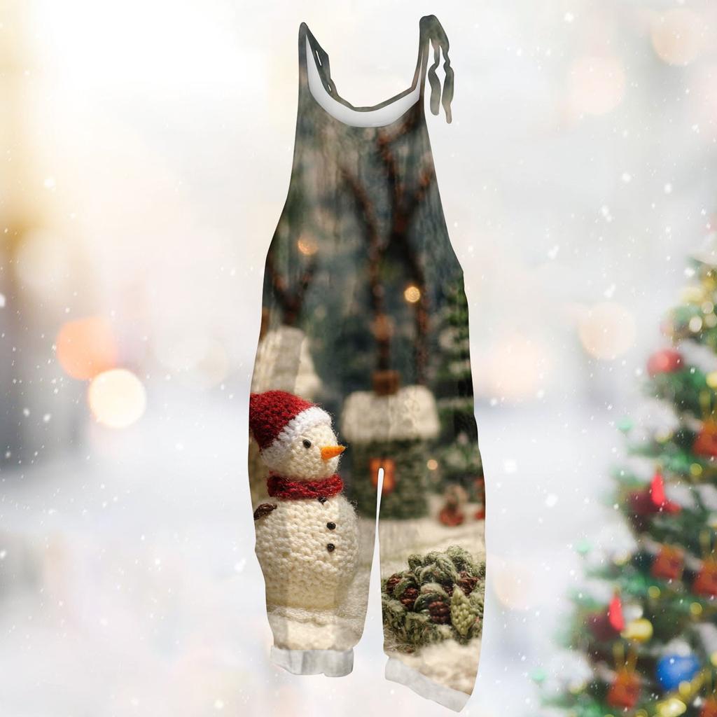 Frauen Overall Weihnachts Druck Beiläufige Lose Vintage Schulter Gurt Baumwolle Leinen