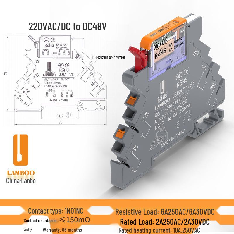 Lanbo J6A Ultra-Thin Compact Relay Module with Light, DC 12/24/36/48V