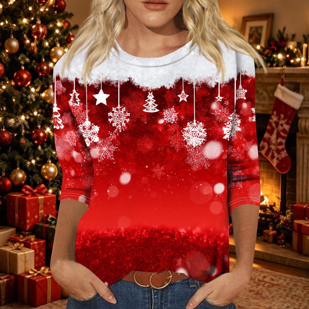 Women's Casual Christmas Printed Three-Quarter Sleeve Neck T-Shirt Tee Top