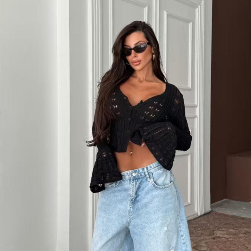 A Design-sense Hollowed-out Spicy Girl Knitted Cardigan In Solid Color, Long-sleeved V-neck, Short Flared Sleeve Top and Blouse