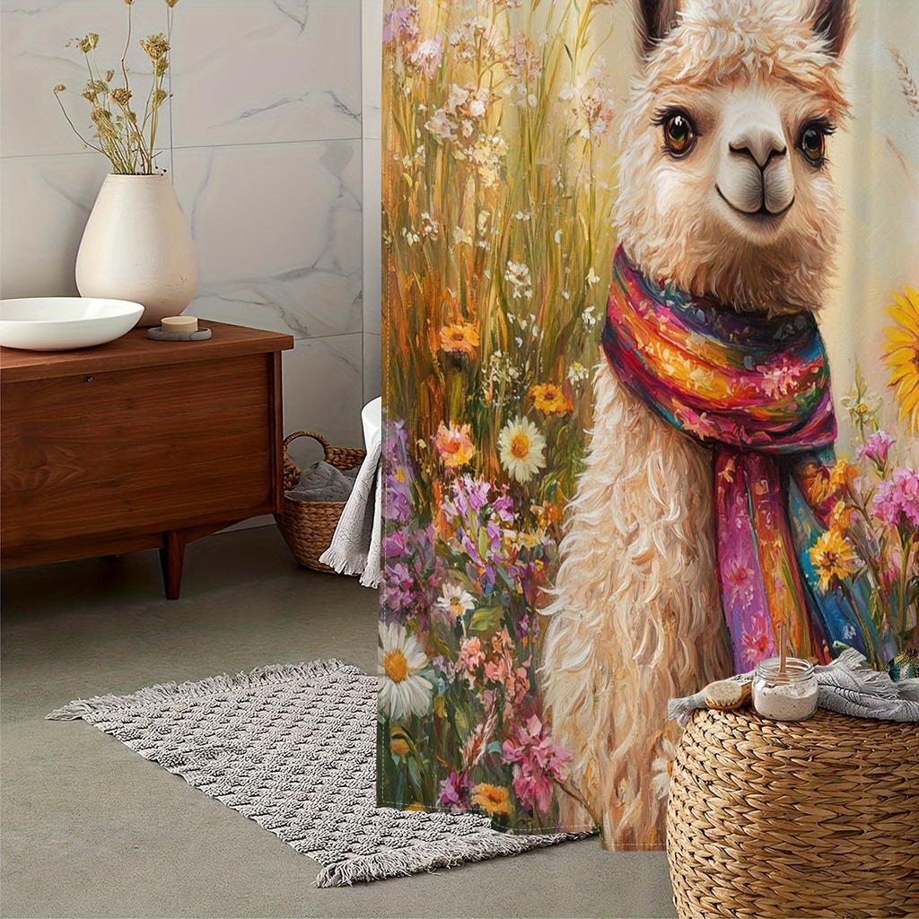 Open 1pcs Cute Alpaca Theme Digital Printed Shower Curtain, Polyester Fabric Shower Curtain with Hooks, Curtain Home Decor