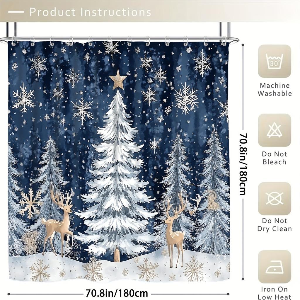 4Pcs Bathroom Shower Curtain Set Elk Christmas Tree Print Bathroom Curtain With 12 Hooks Non Slip Rugs Toilet Cover Mat Bathroom Partition