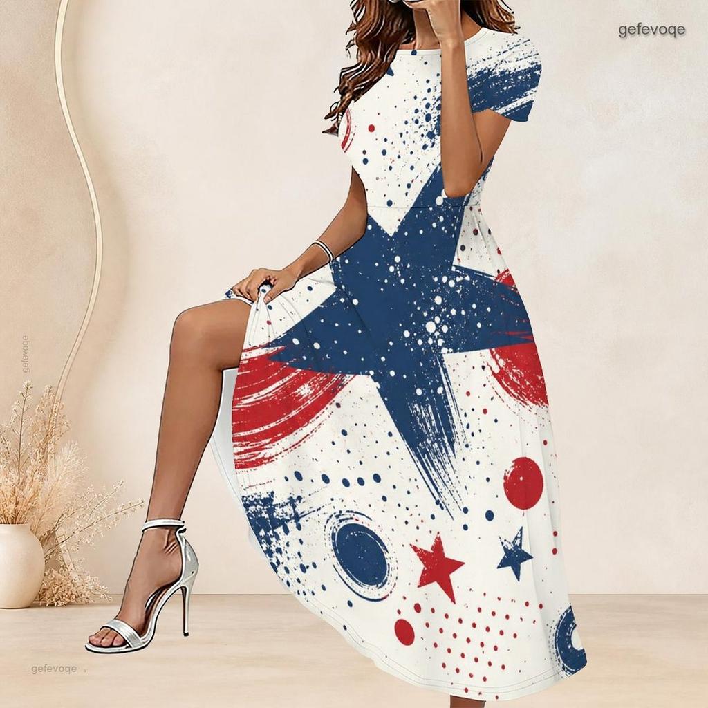 Women Plus Size Round Neck Short Sleeve Printed Gathered Waist A Line Long Dress Red Blue White