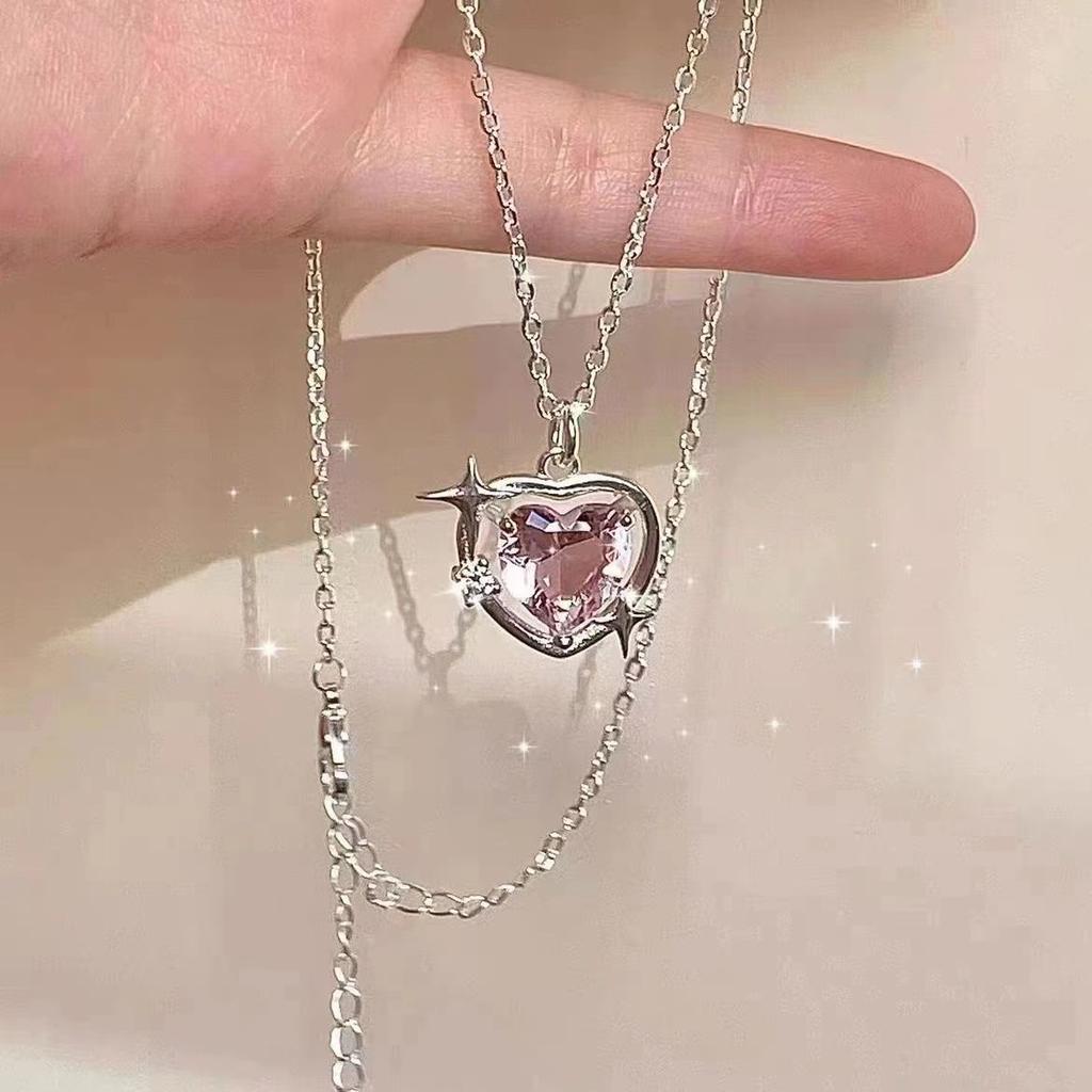 Y2K Trend Pink Planet Heart Zircon Necklaces Women Charm Aesthetic Clavicle Chain Pendent Necklace Party Jewelry Gifts
