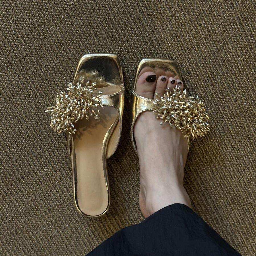 French high-end fireworks thick heel super versatile one-word slippers women wear open-toed square head temperament cool slippers