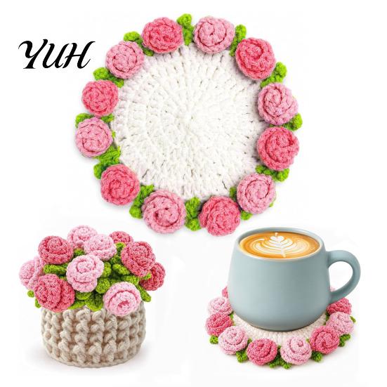 Botanical Room Decoration Crochet Flower Bouquet Coaster, Handmade Knit Rose Mug Mat Transforms Into Bouquet, 2-in-1 Floral Table Decor for