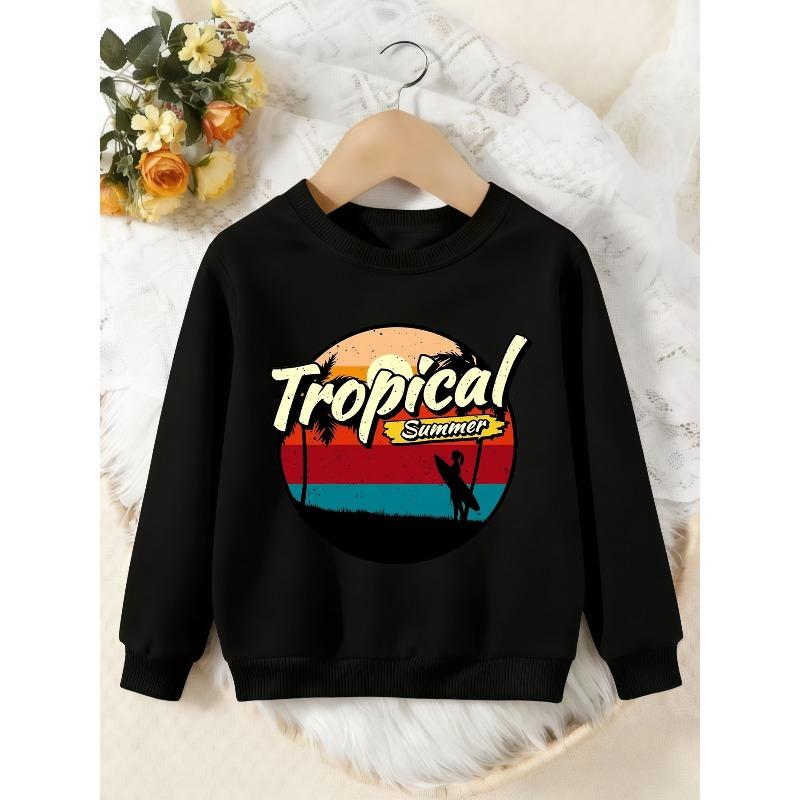 Unisex Kids Crewneck Sweatshirt, Vintage Tropical Summer Surf Palm Tree Sunset Pullover, Boys Girls Beach Casual Sweatshirt For Kids Over 4 Years Old