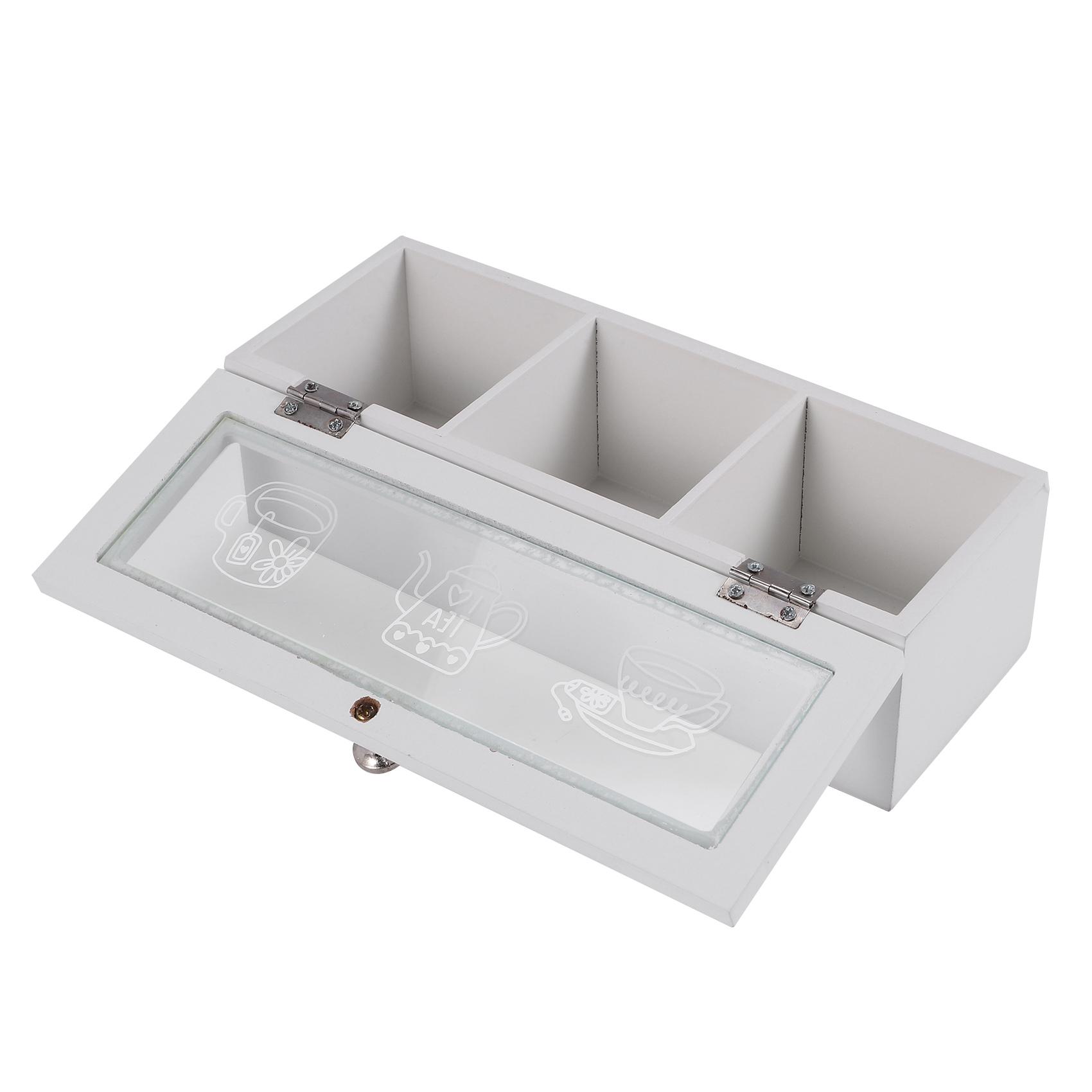 

ABWR-3 Compartments Bamboo System Tea Bag Storage Box Jewelry Organizer Tea Box Organizer Wood Sugar Packet Container білий