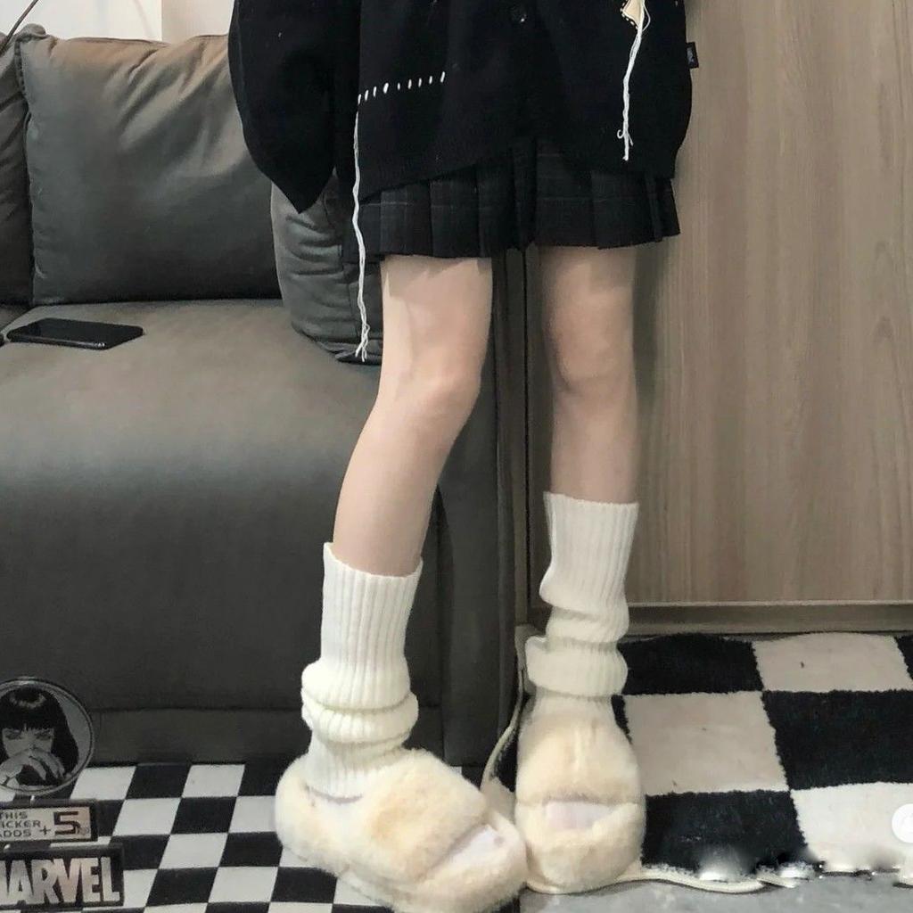 Japanese Style Solid Knit Thick Mid Calf Leg Warmers Women JK Uniform Y2K Stacked Socks Layered Leggings